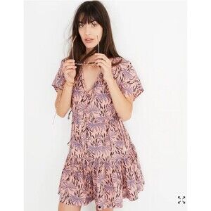 Madewell Dress Womens Pink Button Front Tiered Oasis Palms Mini Sz L Beach Chic